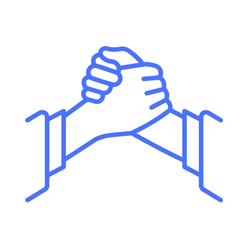 A light blue handshake icon symbolizing support on a whitebackground.