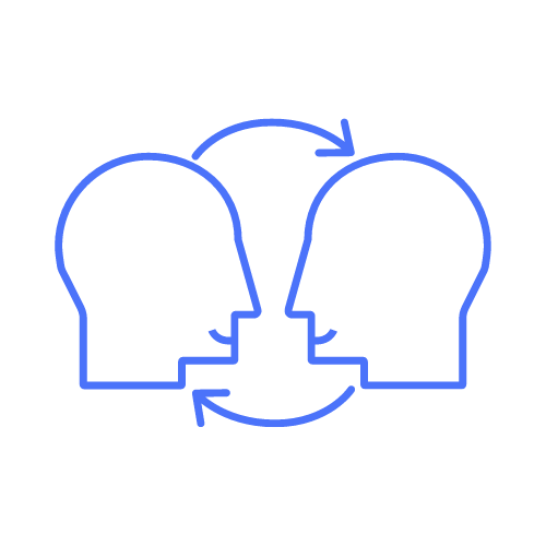 Two heads in a circle with arrows showing empathy to each other in blue.